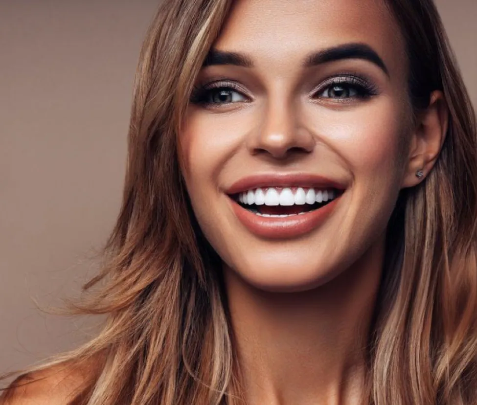 UK female patient smiling after dental implants in Turkey